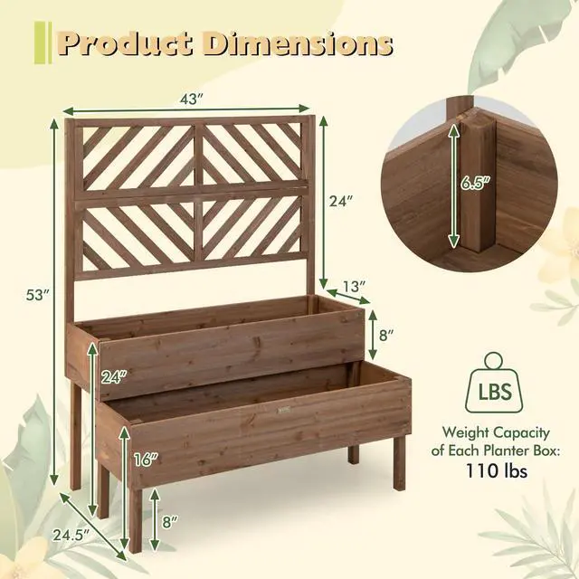 Alt view image 5 of 7 - 2-Tier Raised Garden Bed with Trellis-Brown