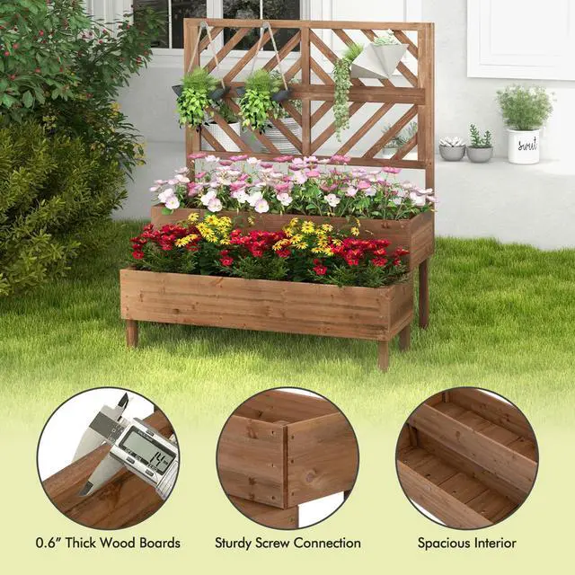 Alt view image 6 of 7 - 2-Tier Raised Garden Bed with Trellis-Brown