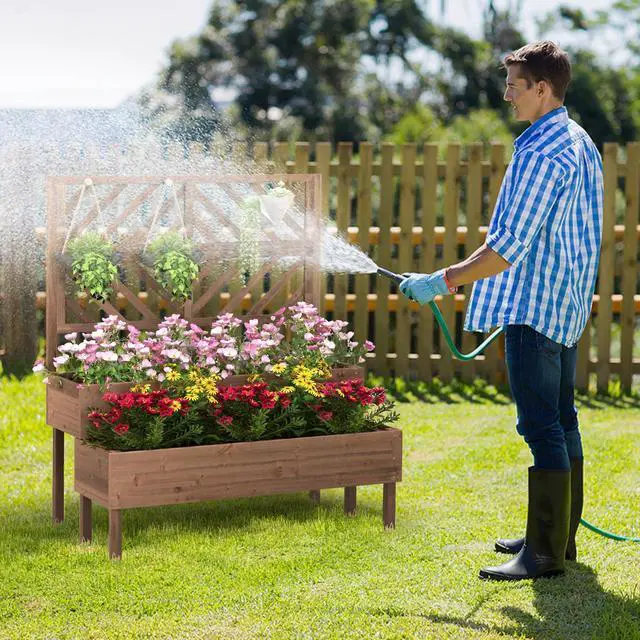 Alt view image 4 of 7 - 2-Tier Raised Garden Bed with Trellis-Brown