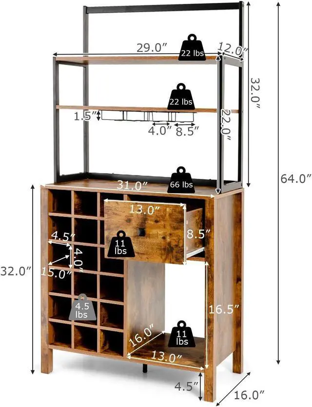 Alt view image 2 of 7 - Kitchen Bakers Rack Freestanding Wine Rack Table with Glass Holder and Drawer
