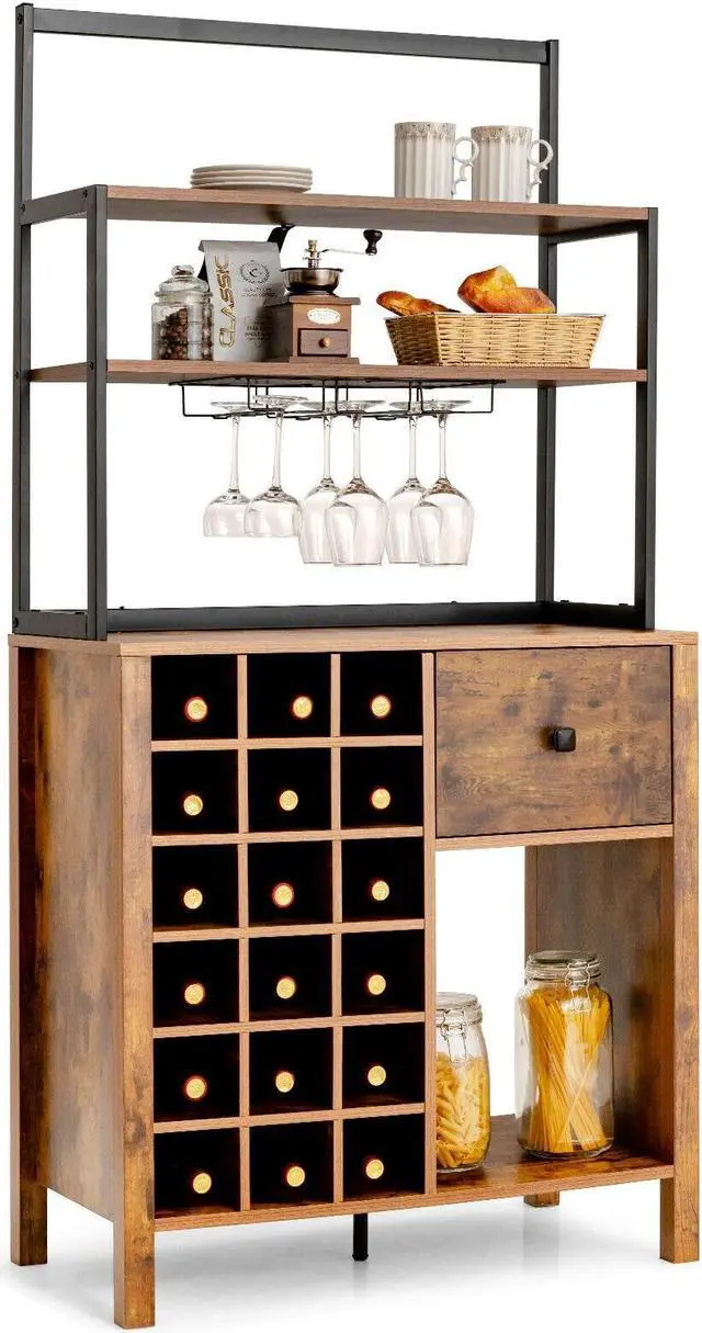 Main image of Kitchen Bakers Rack Freestanding Wine Rack Table with Glass Holder and Drawer