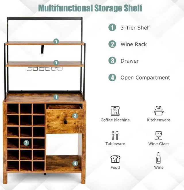 Alt view image 5 of 7 - Kitchen Bakers Rack Freestanding Wine Rack Table with Glass Holder and Drawer