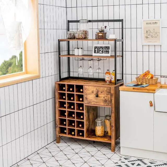 Alt view image 6 of 7 - Kitchen Bakers Rack Freestanding Wine Rack Table with Glass Holder and Drawer
