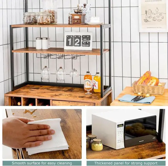 Alt view image 7 of 7 - Kitchen Bakers Rack Freestanding Wine Rack Table with Glass Holder and Drawer