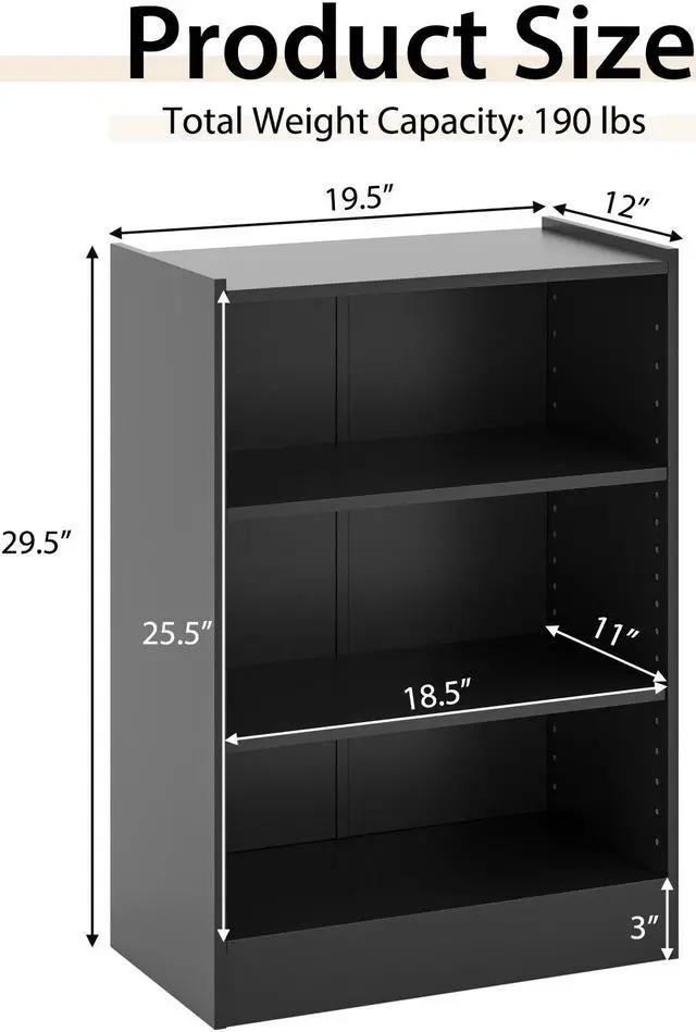 Alt view image 5 of 7 - 3-Tier Bookcase Open Display Rack Cabinet with Adjustable Shelves