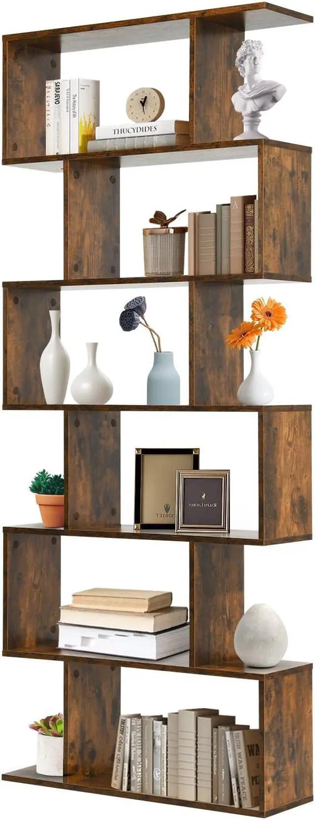 Alt view image 2 of 7 - 6 Tier S-Shaped Bookshelf Storage Display Bookcase Decor Z-Shelf
