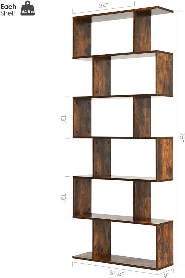 Alt view image 5 of 7 - 6 Tier S-Shaped Bookshelf Storage Display Bookcase Decor Z-Shelf