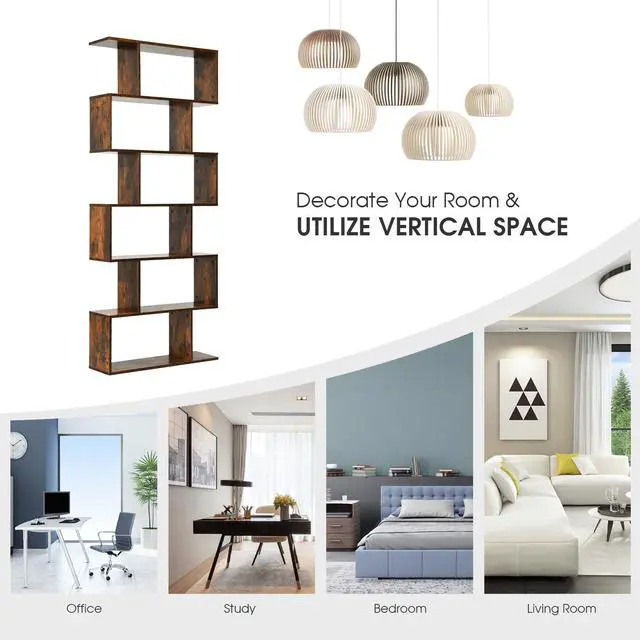 Alt view image 7 of 7 - 6 Tier S-Shaped Bookshelf Storage Display Bookcase Decor Z-Shelf