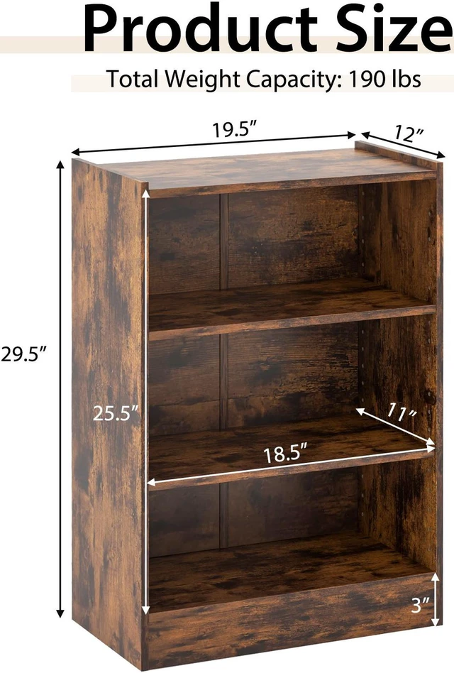 Alt view image 3 of 7 - 3-Tier Bookcase Open Display Rack Cabinet with Adjustable Shelves