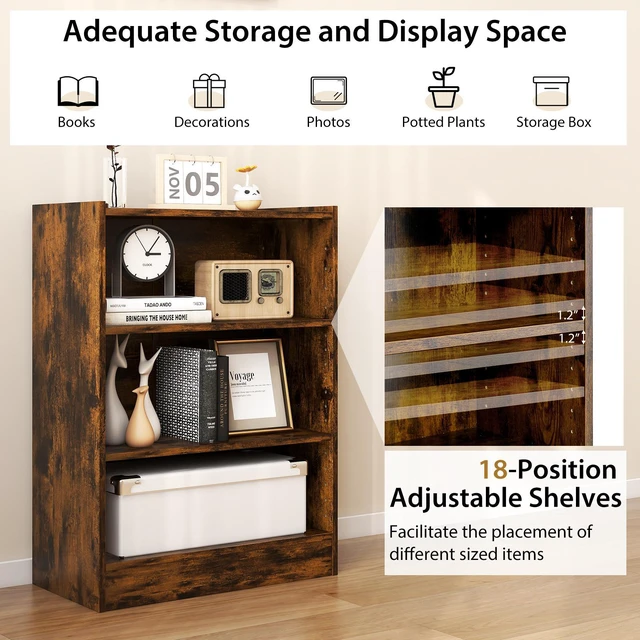 Alt view image 7 of 7 - 3-Tier Bookcase Open Display Rack Cabinet with Adjustable Shelves