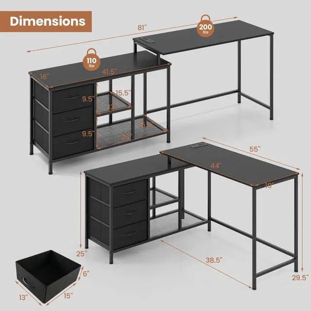 Alt view image 2 of 7 - L-shaped Computer Desk with Power Outlet for Working Studying Gaming