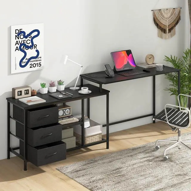Alt view image 5 of 7 - L-shaped Computer Desk with Power Outlet for Working Studying Gaming
