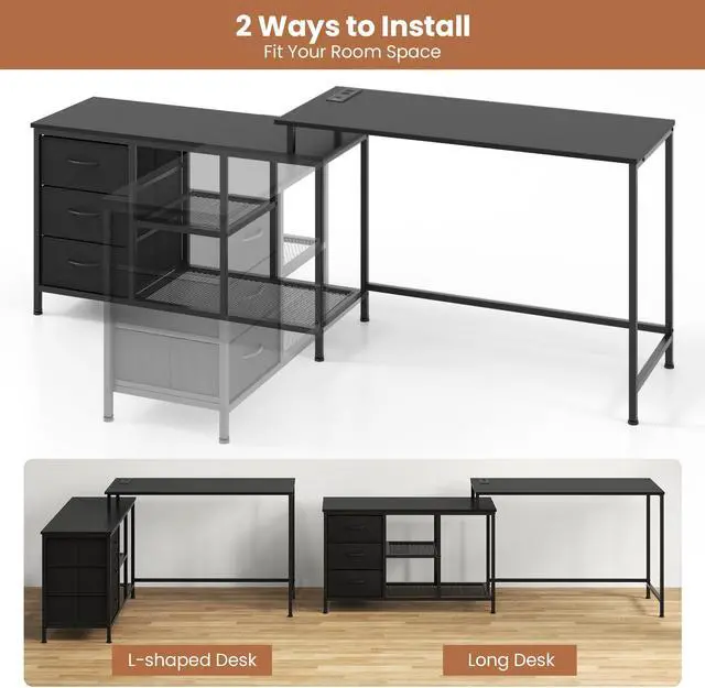 Alt view image 6 of 7 - L-shaped Computer Desk with Power Outlet for Working Studying Gaming