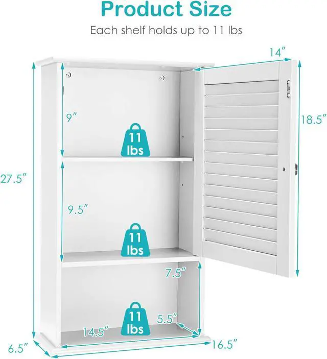 Alt view image 3 of 7 - Bathroom Wall Mount Storage Cabinet Single Door with Height Adjustable Shelf