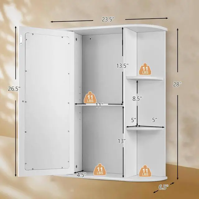 Alt view image 3 of 7 - Bathroom Single Door Shelves Wall Mount Cabinet with Mirror