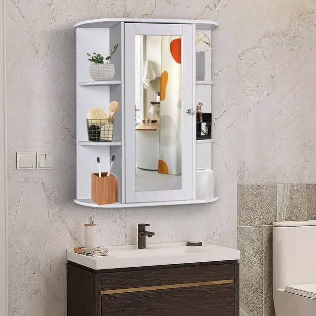 Alt view image 4 of 7 - Bathroom Single Door Shelves Wall Mount Cabinet with Mirror