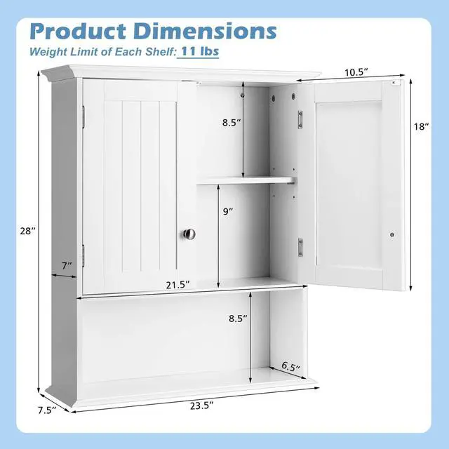 Alt view image 5 of 7 - Wall Mount Bathroom Cabinet Storage Organizer with Doors and Shelves