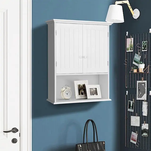 Alt view image 3 of 7 - 2-Door Wall Mount Bathroom Storage Cabinet with Open Shelf