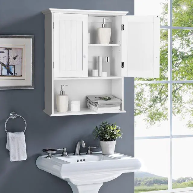 Alt view image 4 of 7 - 2-Door Wall Mount Bathroom Storage Cabinet with Open Shelf