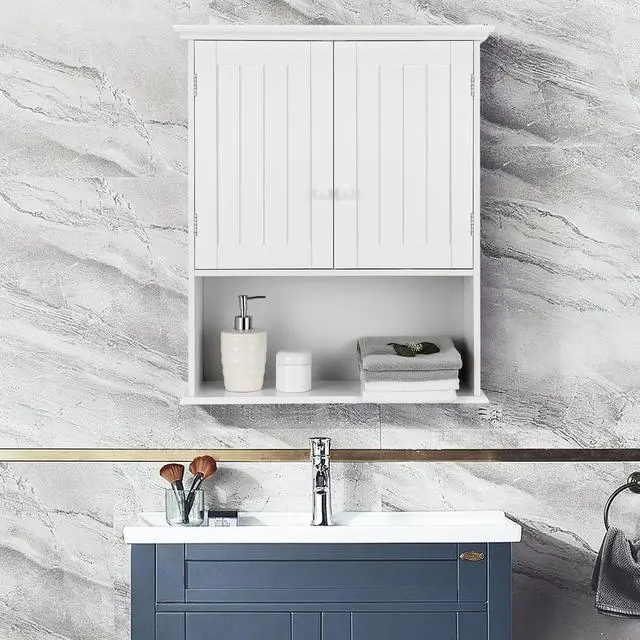Alt view image 6 of 7 - 2-Door Wall Mount Bathroom Storage Cabinet with Open Shelf