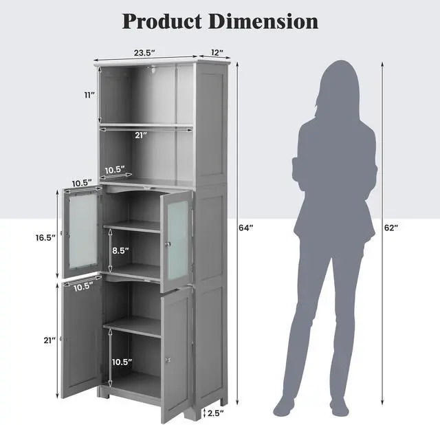 Alt view image 2 of 7 - 6-Tier Freestanding Bathroom Cabinet with 2 Open Compartments and Adjustable Shelves