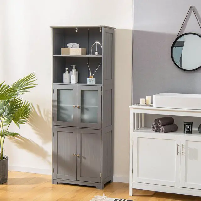 Alt view image 4 of 7 - 6-Tier Freestanding Bathroom Cabinet with 2 Open Compartments and Adjustable Shelves