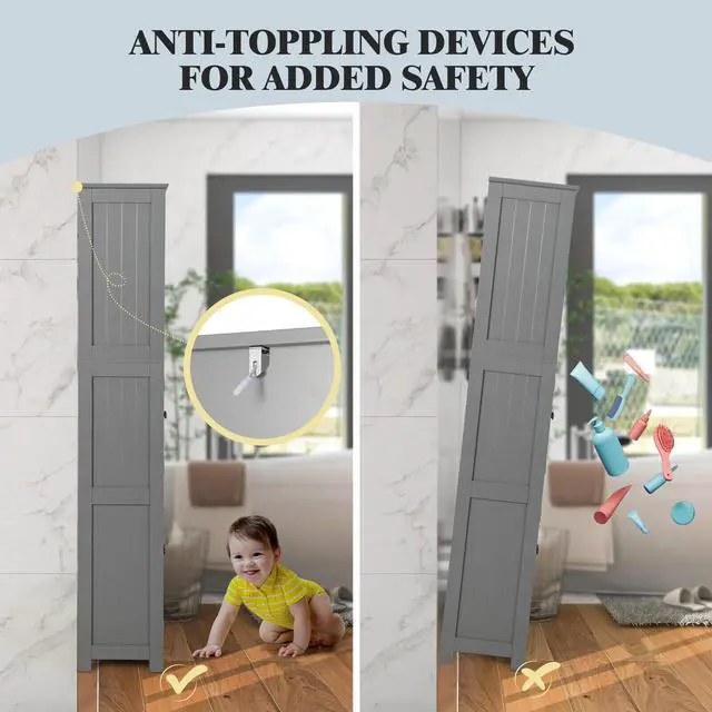 Alt view image 7 of 7 - 6-Tier Freestanding Bathroom Cabinet with 2 Open Compartments and Adjustable Shelves