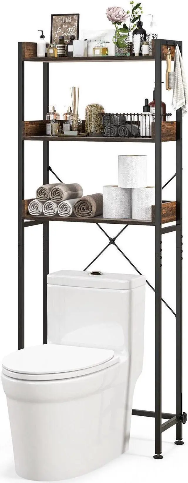 Alt view image 2 of 7 - Over The Toilet Storage Rack with Hooks and Adjustable Bottom Bar