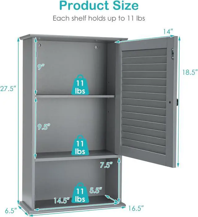 Alt view image 5 of 7 - SlickBlue Bathroom Wall Mount Storage Cabinet Single Door with Height Adjustable Shelf