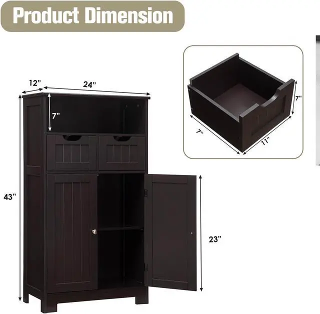 Alt view image 4 of 7 - Bathroom Wooden Side Cabinet  with 2 Drawers and 2 Doors