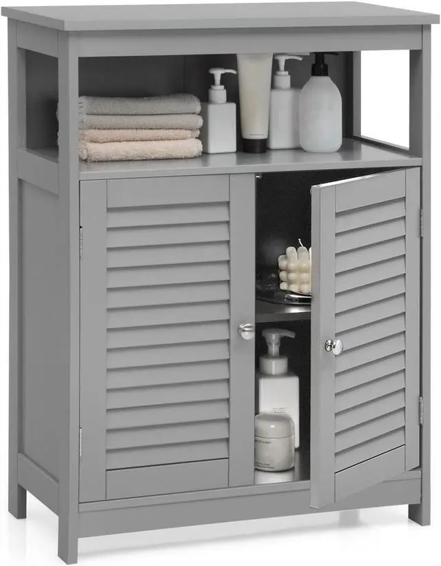 Alt view image 2 of 7 - Wood Freestanding Bathroom Storage Cabinet with Double Shutter Door