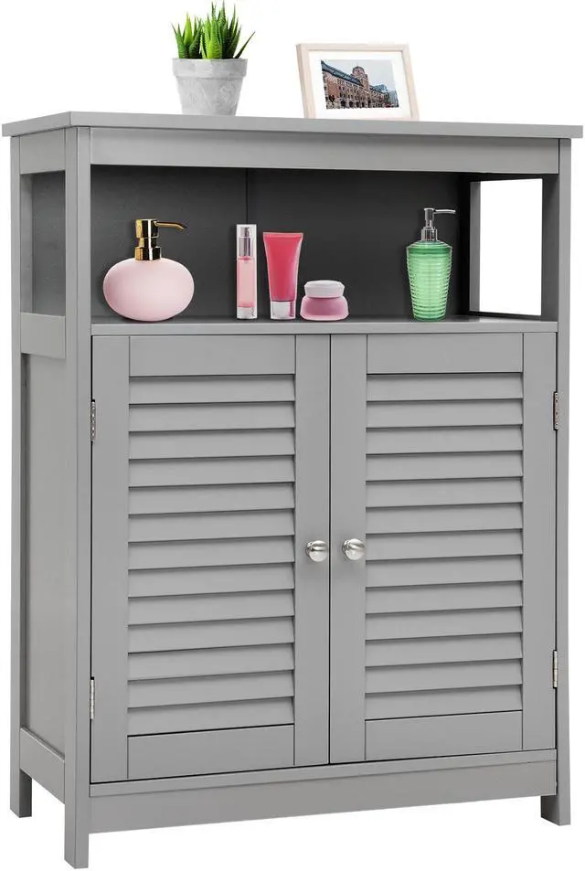 Alt view image 6 of 7 - Wood Freestanding Bathroom Storage Cabinet with Double Shutter Door