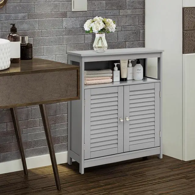 Alt view image 3 of 7 - Wood Freestanding Bathroom Storage Cabinet with Double Shutter Door