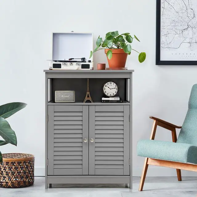 Alt view image 4 of 7 - Wood Freestanding Bathroom Storage Cabinet with Double Shutter Door