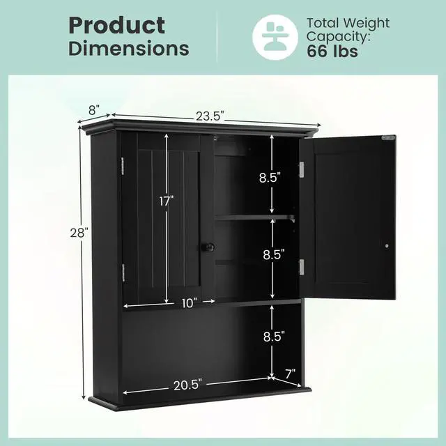 Alt view image 5 of 7 - 2-Door Wall Mount Bathroom Storage Cabinet with Open Shelf