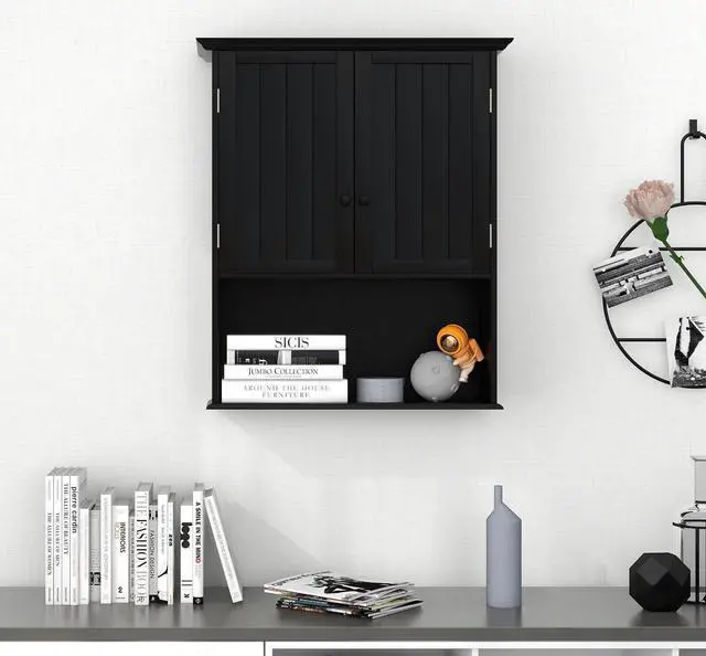 Alt view image 3 of 7 - 2-Door Wall Mount Bathroom Storage Cabinet with Open Shelf