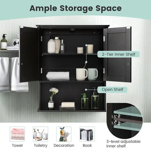 Alt view image 7 of 7 - 2-Door Wall Mount Bathroom Storage Cabinet with Open Shelf
