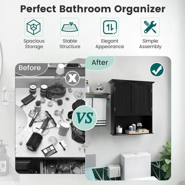 Alt view image 6 of 7 - 2-Door Wall Mount Bathroom Storage Cabinet with Open Shelf