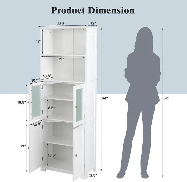 Alt view image 2 of 7 - 6-Tier Freestanding Bathroom Cabinet with 2 Open Compartments and Adjustable Shelves