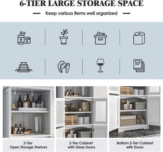 Alt view image 7 of 7 - 6-Tier Freestanding Bathroom Cabinet with 2 Open Compartments and Adjustable Shelves