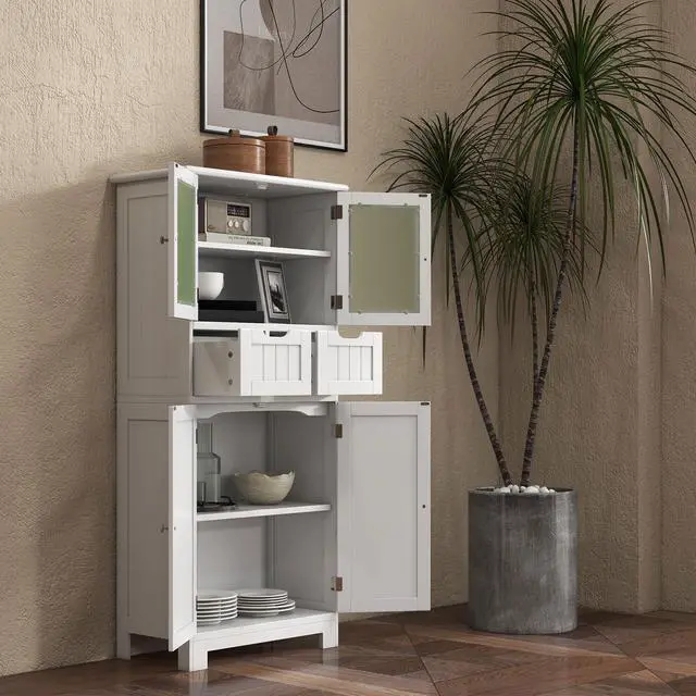 Alt view image 4 of 7 - 6-Tier Freestanding Bathroom Cabinet with 2 Open Compartments and Adjustable Shelves