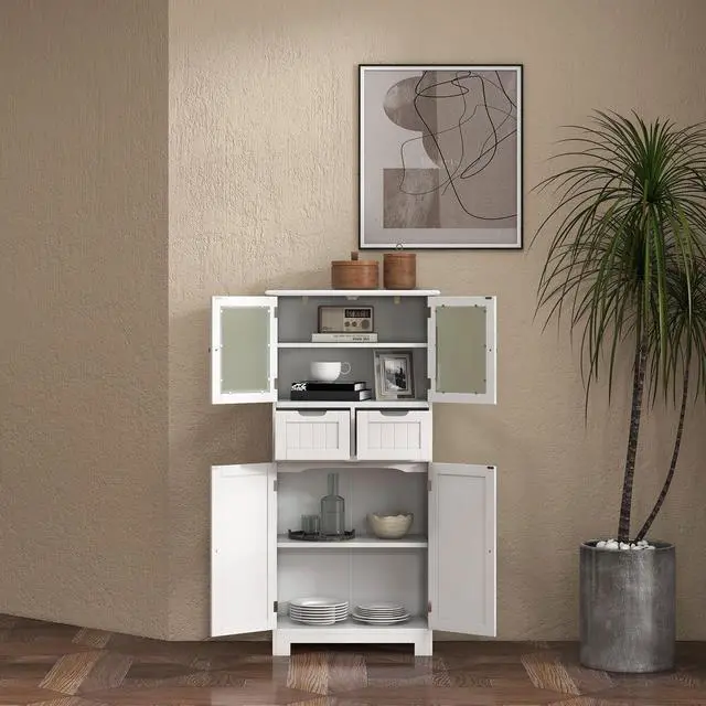 Alt view image 3 of 7 - 6-Tier Freestanding Bathroom Cabinet with 2 Open Compartments and Adjustable Shelves