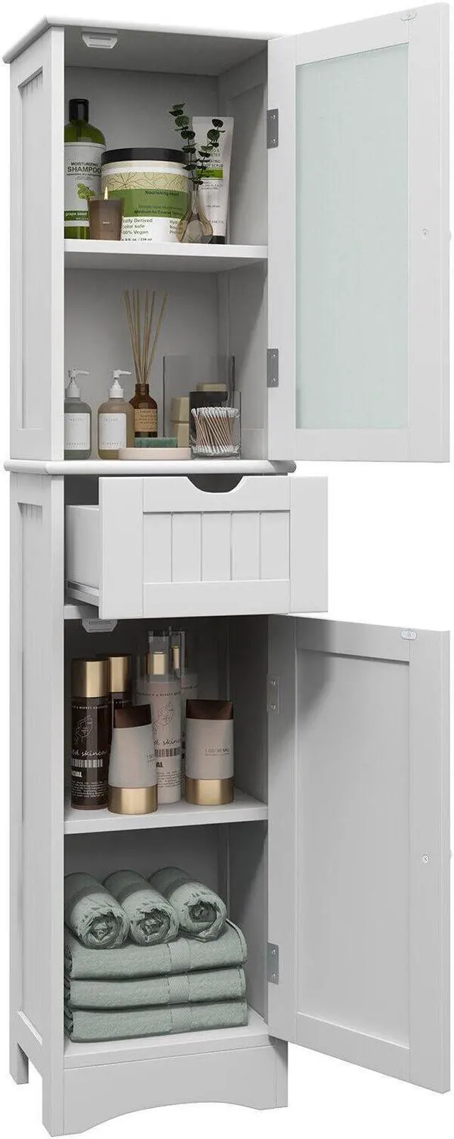 Alt view image 2 of 7 - Tall Floor Storage Cabinet with 2 Doors and 1 Drawer for Bathroom