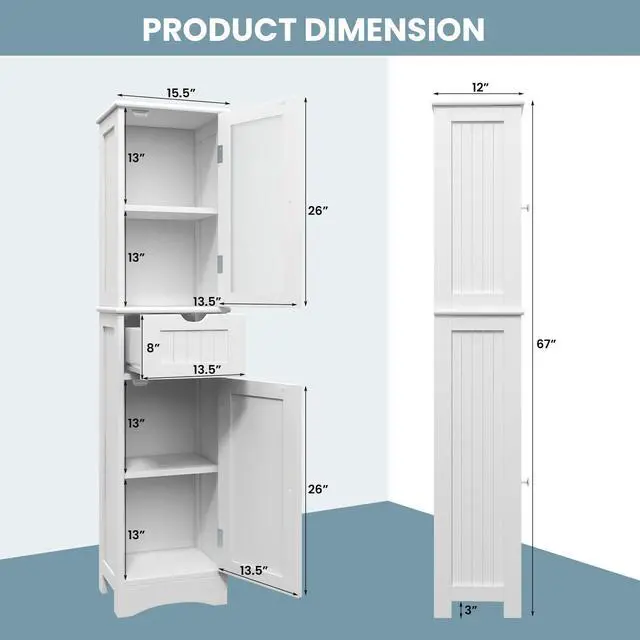 Alt view image 5 of 7 - Tall Floor Storage Cabinet with 2 Doors and 1 Drawer for Bathroom