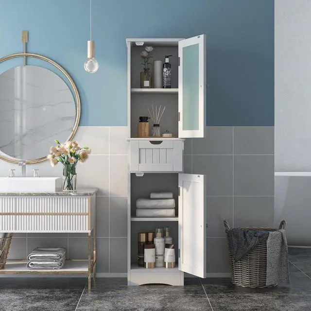 Alt view image 4 of 7 - Tall Floor Storage Cabinet with 2 Doors and 1 Drawer for Bathroom