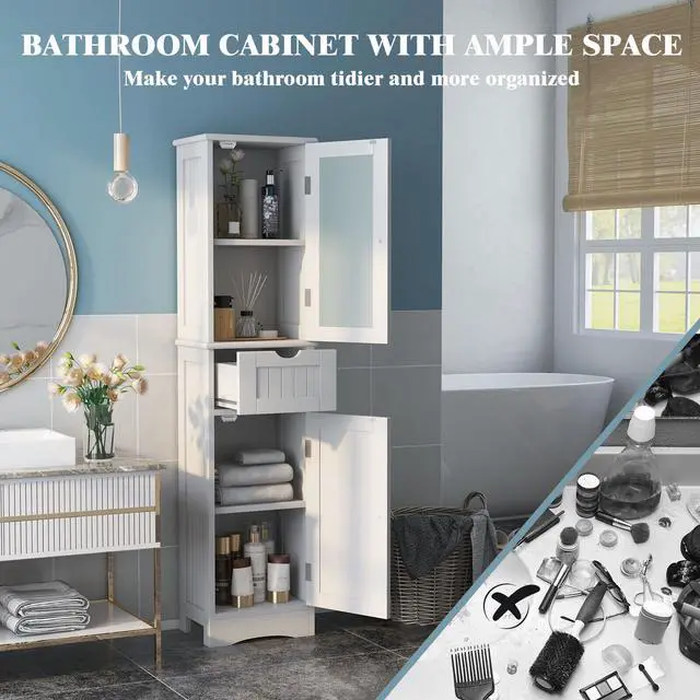 Alt view image 6 of 7 - Tall Floor Storage Cabinet with 2 Doors and 1 Drawer for Bathroom