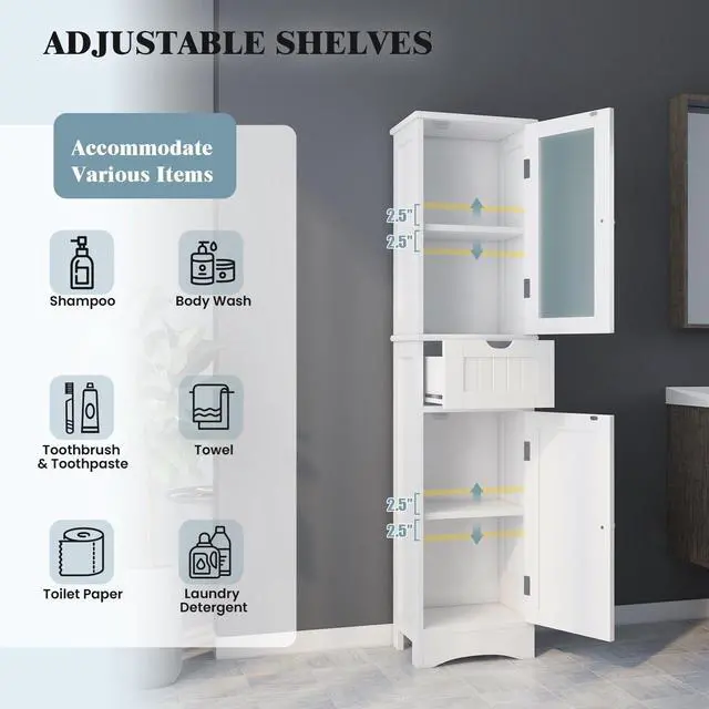 Alt view image 7 of 7 - Tall Floor Storage Cabinet with 2 Doors and 1 Drawer for Bathroom