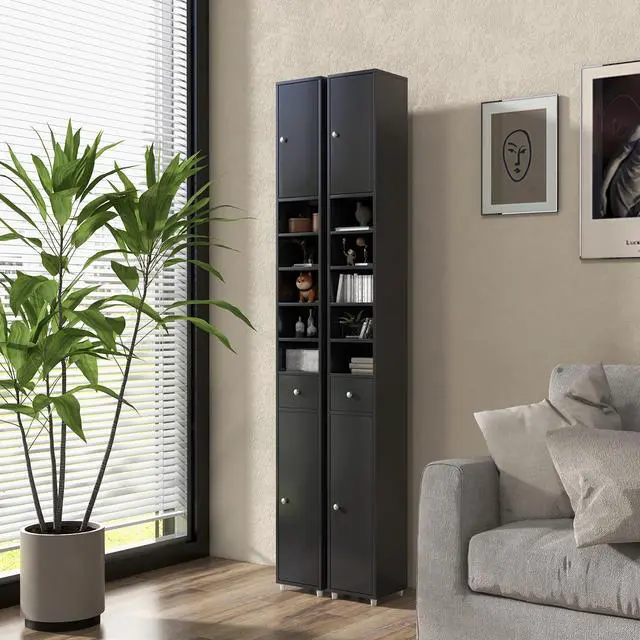 Alt view image 3 of 7 - Freestanding Slim Bathroom Cabinet with Drawer and Adjustable Shelves