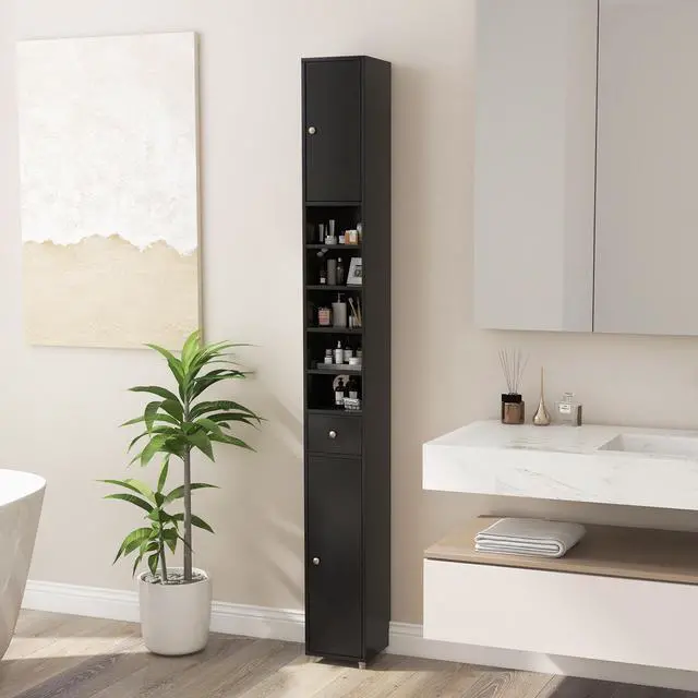Alt view image 4 of 7 - Freestanding Slim Bathroom Cabinet with Drawer and Adjustable Shelves