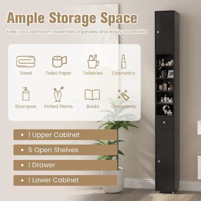 Alt view image 6 of 7 - Freestanding Slim Bathroom Cabinet with Drawer and Adjustable Shelves